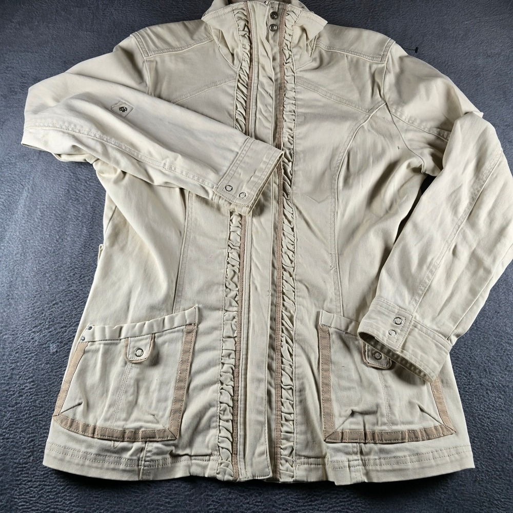 Ethyl Womens Khaki Beige Ruffle Trim Utility Jacket Size L Full Zip Field Coat